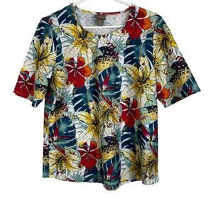 Chicos Tropical Printed Gauzy Textured Short Sleeve T Shirt Size 2 or US Size Lg